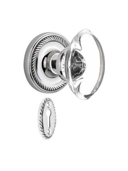 Rope Rosette Mortise-Lock Set with Oval Crystal Glass Knobs in Polished Chrome.